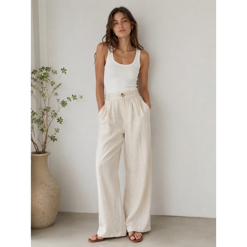 NWT Indero Linen Blend Pants High Waist Wide Leg Pleated Trouser S Minimalist